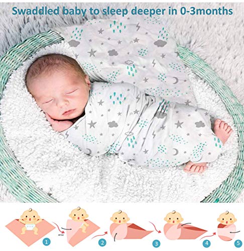 3 Pack Muslin Swaddle Blankets Girl Boy- Muslin Swaddle Blankets Boy - 100% Cotton - Large Size 47x47in - Soft Baby Muslin Blankets- Aqua/Grey Waves, Stars, Clouds, Rain