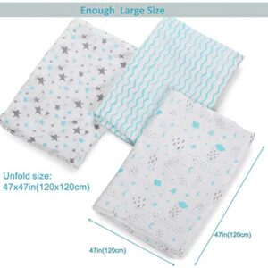 3 Pack Muslin Swaddle Blankets Girl Boy- Muslin Swaddle Blankets Boy - 100% Cotton - Large Size 47x47in - Soft Baby Muslin Blankets- Aqua/Grey Waves, Stars, Clouds, Rain