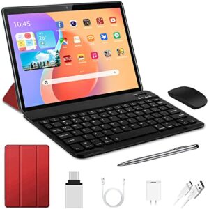 duoduogo tablet with keyboard, 2 in 1 tablet 10 inch android 11 tablet, quad-core processor, 64gb+4gb, 128gb expandable, 2.4+5g wifi, dual camera, 6000mah, bluetooth, fm (red)