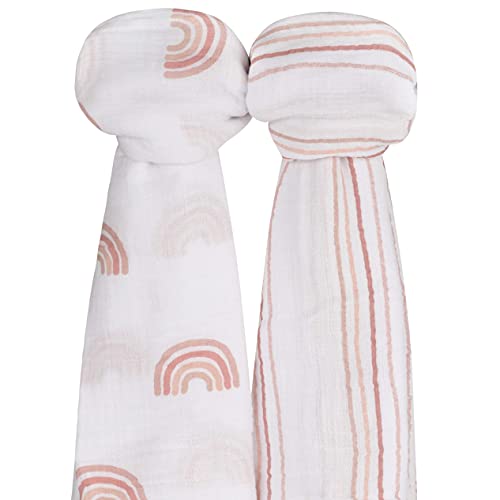 Ely's & Co. Cotton Muslin Swaddle Blanket 2-Pack for Baby Girl — 100% Cotton Muslin Extra-Large Swaddle Blankets (47” x 47”) Dusty Rose Stripes | Rainbows