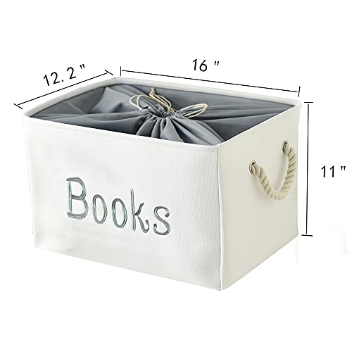 INough Book Basket for Kids Room, Book Storage Box Shelf Organizer for Kids Collapsible Book Bins with Drawstring Closure Baby Storage Bins Book Storage Container for Nursery/Classroom/Bedroom/Living room, for Magazines/Cartoon Book Reading(Large, Books)