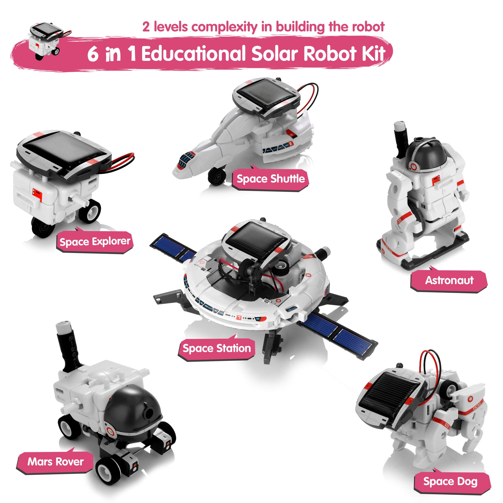 Solar Robot Toys 6 in 1 STEM Learning Kits Educational Space Moon Exploration Fleet Building Experiment Toys DIY Solar Power Science Gift for Kids Aged 8-12