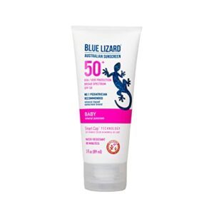 blue lizard baby mineral sunscreen with zinc oxide, spf 50+, water resistant, uva/uvb protection with smart cap technology - fragrance free, 3 ounce tube