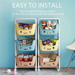 WillingHeart Kids Toy Storage Organizer 3-Tier Stackable Rolling Cart,Playful Colors Smiley Children Playroom Decor Doll Activity Rack Shelf Plastic Bins Box Mobile Move Everywhere with Caster Wheels