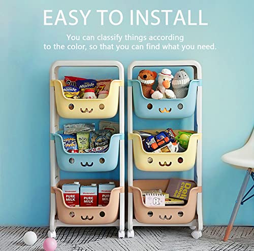 WillingHeart Kids Toy Storage Organizer 3-Tier Stackable Rolling Cart,Playful Colors Smiley Children Playroom Decor Doll Activity Rack Shelf Plastic Bins Box Mobile Move Everywhere with Caster Wheels