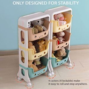 WillingHeart Kids Toy Storage Organizer 3-Tier Stackable Rolling Cart,Playful Colors Smiley Children Playroom Decor Doll Activity Rack Shelf Plastic Bins Box Mobile Move Everywhere with Caster Wheels
