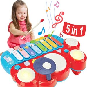 1 year old girl birthday gift - toys for 2 year old girls toddler - 5 in 1 baby & toddler toys with baby piano, drum set for toddlers 1-3, xylophone, musical toys, whack-a-mole - 1st one year old toys