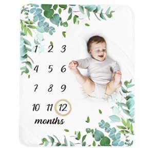 baby monthly milestone blanket boy - neutral leaf newborn month blanket for boy & girl personalized shower gift soft plush fleece photography background prop with wooden wreath large 51''x40''