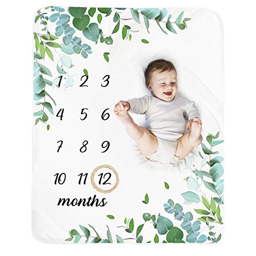 Baby Monthly Milestone Blanket Boy - Neutral Leaf Newborn Month Blanket for Boy & Girl Personalized Shower Gift Soft Plush Fleece Photography Background Prop with Wooden Wreath Large 51''x40''