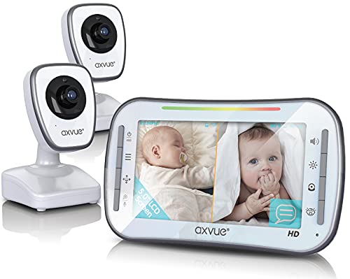 Axvue HD Video Baby Monitor, 720P HD Image Quality, 5.0" IPS Screen Monitor & 2 Camera, Range up to 1000ft, 24 Hour Battery Life, 2-Way Talk, Split Screen, Night Vision, Temperature Monitor, No WiFi.