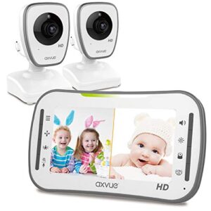 axvue hd video baby monitor, 720p hd image quality, 5.0" ips screen monitor & 2 camera, range up to 1000ft, 24 hour battery life, 2-way talk, split screen, night vision, temperature monitor, no wifi.