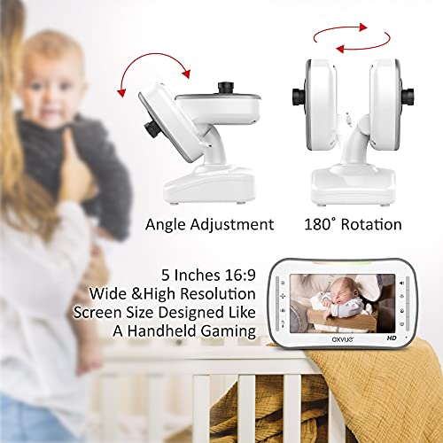 Axvue HD Video Baby Monitor, 720P HD Image Quality, 5.0" IPS Screen Monitor & 2 Camera, Range up to 1000ft, 24 Hour Battery Life, 2-Way Talk, Split Screen, Night Vision, Temperature Monitor, No WiFi.