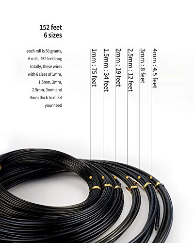 MoHern Bonsai Wire, 6 Sizes of 1mm, 1.5mm, 2mm, 2.5mm, 3mm, 4mm Black Aluminum Wire, Total 152 Feet Bonsai Tool Kit, 300 Grams Bonsai Tree Wire for Bonzai Trees Indoor