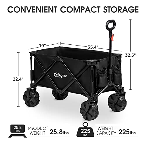 PORTAL Collapsible Folding Utility Wagon, Foldable Wagon Carts Heavy Duty, Large Capacity Beach Wagon with All Terrain Wheels, Outdoor Portable Wagon for Camping, Garden, Shopping, Groceries, Black