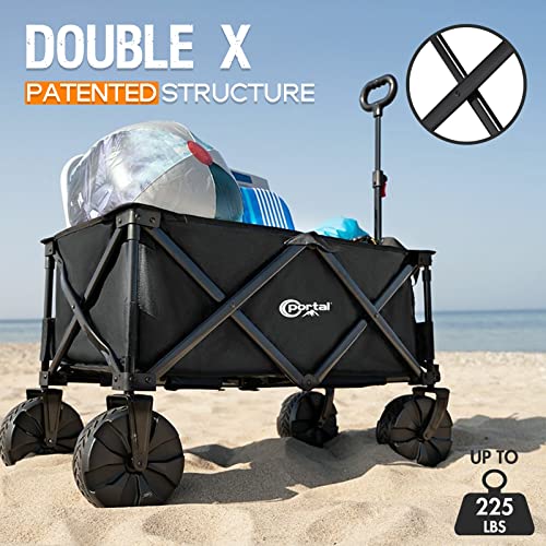 PORTAL Collapsible Folding Utility Wagon, Foldable Wagon Carts Heavy Duty, Large Capacity Beach Wagon with All Terrain Wheels, Outdoor Portable Wagon for Camping, Garden, Shopping, Groceries, Black