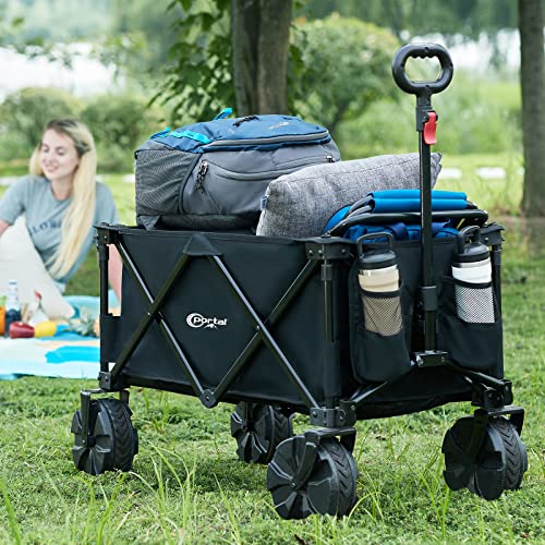PORTAL Collapsible Folding Utility Wagon, Foldable Wagon Carts Heavy Duty, Large Capacity Beach Wagon with All Terrain Wheels, Outdoor Portable Wagon for Camping, Garden, Shopping, Groceries, Black