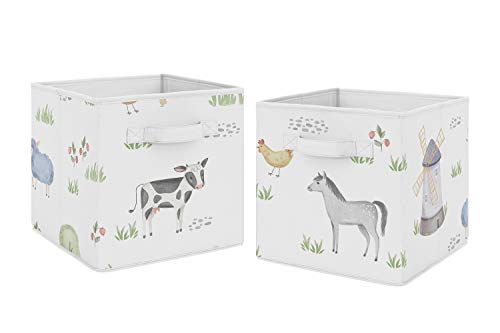 Sweet Jojo Designs Farm Animals Foldable Fabric Storage Cube Bins Boxes Organizer Toys Kids Baby Childrens - Set of 2 - Watercolor Farmhouse Horse Cow Sheep Pig