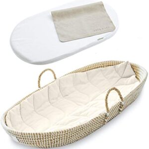 BEBE BASK - Organic Seagrass Baby Changing Basket with Pad - Handmade Baby Moses Basket - Luxury Leaf Liner - Bamboo Jacquard Cover - Vegan Baby Changing Mat - Baby Changing Pad - 30 x 16 x 4 inches