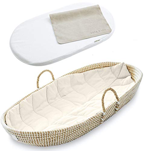 BEBE BASK - Organic Seagrass Baby Changing Basket with Pad - Handmade Baby Moses Basket - Luxury Leaf Liner - Bamboo Jacquard Cover - Vegan Baby Changing Mat - Baby Changing Pad - 30 x 16 x 4 inches