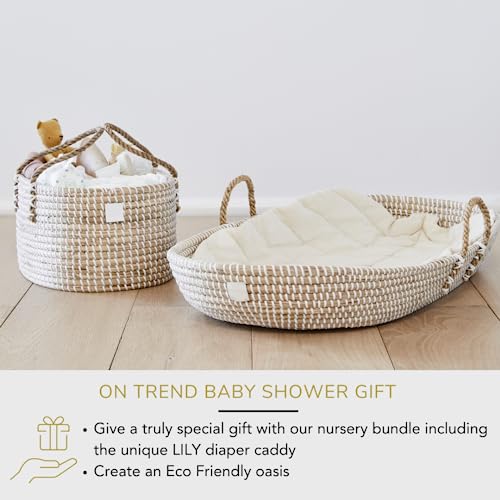 BEBE BASK - Organic Seagrass Baby Changing Basket with Pad - Handmade Baby Moses Basket - Luxury Leaf Liner - Bamboo Jacquard Cover - Vegan Baby Changing Mat - Baby Changing Pad - 30 x 16 x 4 inches