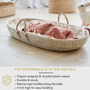 BEBE BASK - Organic Seagrass Baby Changing Basket with Pad - Handmade Baby Moses Basket - Luxury Leaf Liner - Bamboo Jacquard Cover - Vegan Baby Changing Mat - Baby Changing Pad - 30 x 16 x 4 inches