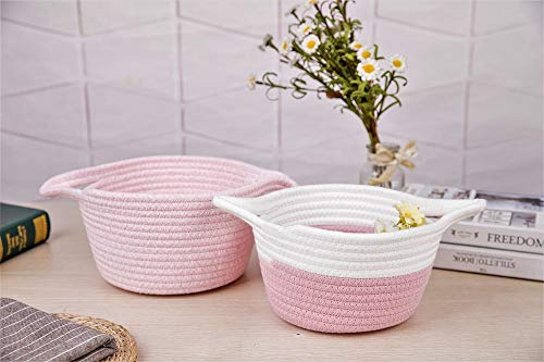 Set of 3 Pink Cotton Rope Baskets Small Storage Baskets for Keys Toys Little Items Cute Pink Baskets for Baby Room Living Room Mini Woven Baskets with Handles Organizer for Nursery Room