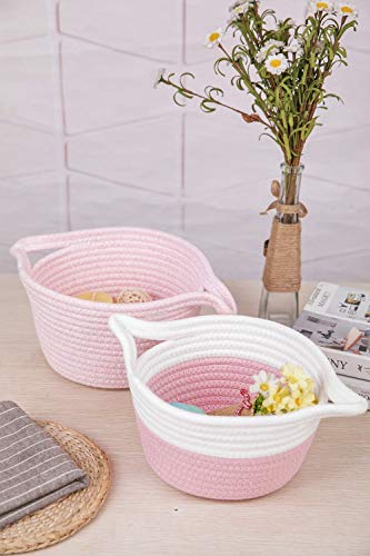 Set of 3 Pink Cotton Rope Baskets Small Storage Baskets for Keys Toys Little Items Cute Pink Baskets for Baby Room Living Room Mini Woven Baskets with Handles Organizer for Nursery Room