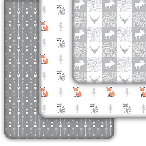 GROW WILD Pack N Play Sheets or Mini Crib Sheets | Soft Stretchy Pack and Play Sheets for Playard Mattress | Ultra Soft Pack N Play Fitted Sheet | Grey Woodland Animals