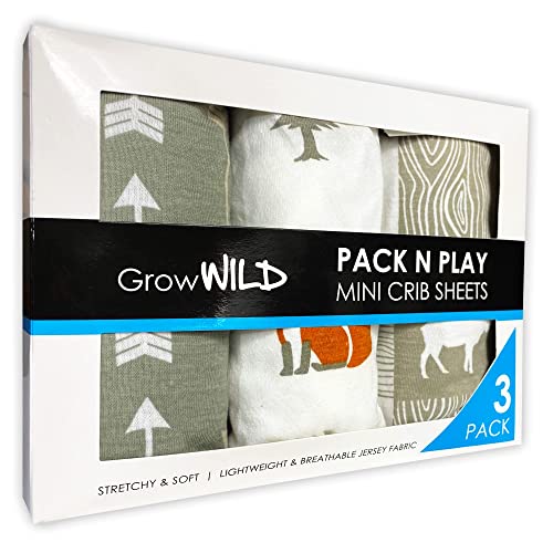 GROW WILD Pack N Play Sheets or Mini Crib Sheets | Soft Stretchy Pack and Play Sheets for Playard Mattress | Ultra Soft Pack N Play Fitted Sheet | Grey Woodland Animals