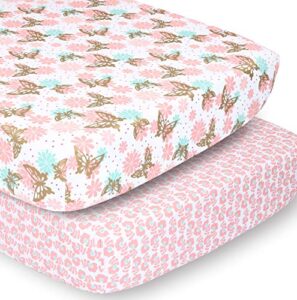 the peanutshell crib sheet set for baby girls | pink and gold butterfly & pink ditsy floral | 2 pack set