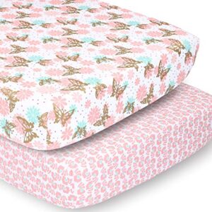 The Peanutshell Crib Sheet Set for Baby Girls | Pink and Gold Butterfly & Pink Ditsy Floral | 2 Pack Set