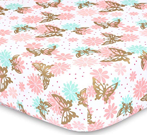 The Peanutshell Crib Sheet Set for Baby Girls | Pink and Gold Butterfly & Pink Ditsy Floral | 2 Pack Set