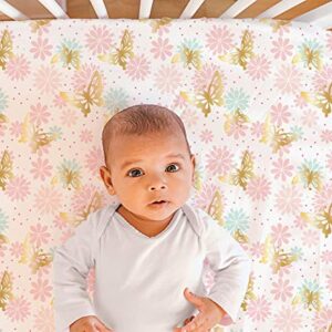 The Peanutshell Crib Sheet Set for Baby Girls | Pink and Gold Butterfly & Pink Ditsy Floral | 2 Pack Set