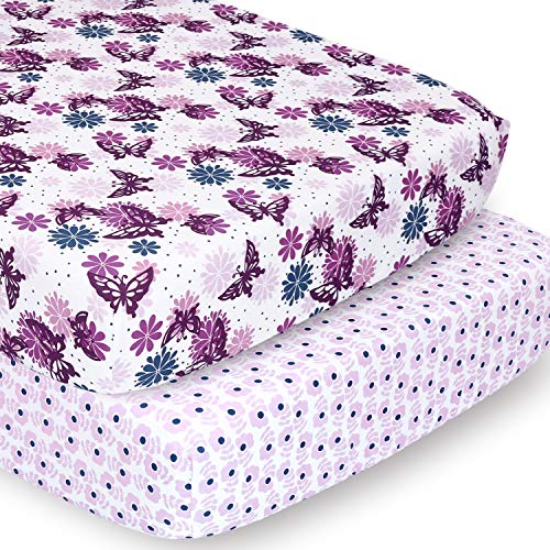 The Peanutshell Crib Sheet Set for Baby Girls - 2 Pack Set - Purple Butterfly & Purple Ditsy Floral