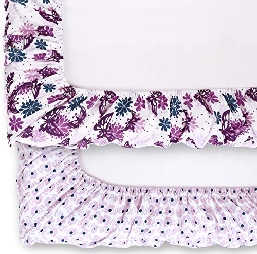 The Peanutshell Crib Sheet Set for Baby Girls - 2 Pack Set - Purple Butterfly & Purple Ditsy Floral