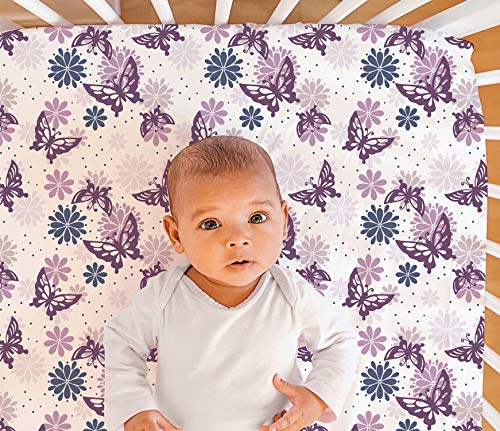 The Peanutshell Crib Sheet Set for Baby Girls - 2 Pack Set - Purple Butterfly & Purple Ditsy Floral