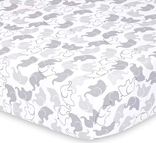 The Peanutshell Fitted Crib Sheet Set for Baby Boys or Girls, Grey Elephants and Stripes, Unisex 2 Pack Set