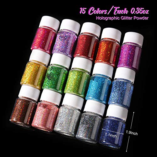 LET'S RESIN Holographic Glitter for Resin, 15 * 10g Premium Fine Glitter Powder, Craft Glitter for Slime, Nail Art, Glitter Tumbler Candle Making