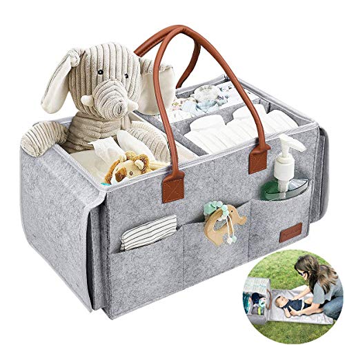 PAPERKIDDO Baby Diaper Caddy Organizer with Changing Table, 2 in 1 Portable Felt Nursery Storage Bin and Car Organizer for Diapers, Baby Wipes and Toys