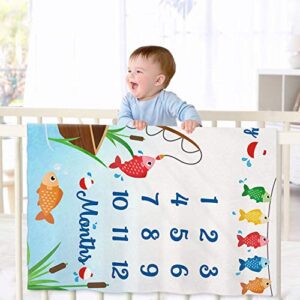 Gone Fishing Baby Monthly Milestone Blanket Little Fisherman Bobber Photo Prop Blanket The Big One Ideas for Newborn Boy and Girl Nursery Décor 40" X 50"