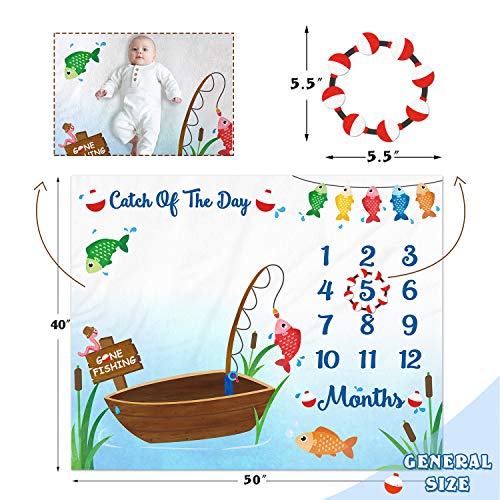 Gone Fishing Baby Monthly Milestone Blanket Little Fisherman Bobber Photo Prop Blanket The Big One Ideas for Newborn Boy and Girl Nursery Décor 40" X 50"