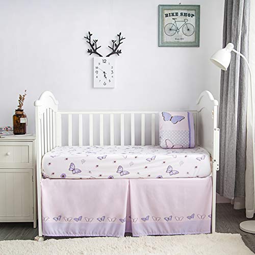 La Premura Lilac Butterfly Baby Girl Crib Bedding Set for Girls – Butterfly 3 Piece Standard Size Crib Bedding Sets in Pastel Pink and Purple