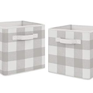 Sweet Jojo Designs Grey Woodland Plaid Foldable Fabric Storage Cube Bins Boxes Organizer Toys Kids Baby Childrens - Set of 2 - Gray White Rustic Buffalo Check Flannel Country Lumberjack