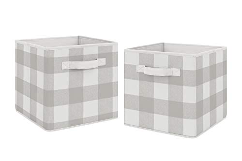 Sweet Jojo Designs Grey Woodland Plaid Foldable Fabric Storage Cube Bins Boxes Organizer Toys Kids Baby Childrens - Set of 2 - Gray White Rustic Buffalo Check Flannel Country Lumberjack