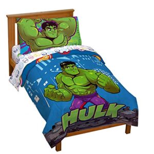 Jay Franco Marvel Super Hero Adventures Hulk Out 4 Piece Toddler Bed Set – Super Soft Microfiber Bed Set Includes Toddler Size Comforter & Sheet Set (Official Marvel Product)