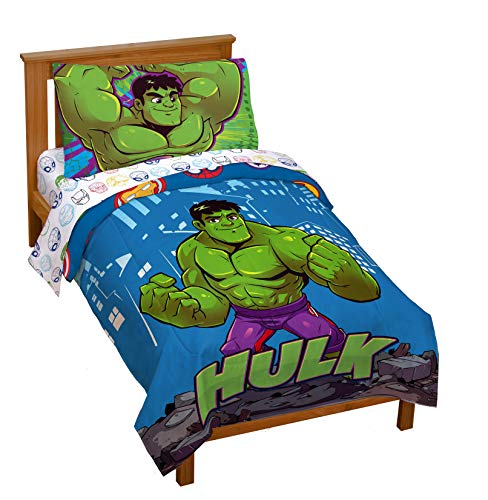 Jay Franco Marvel Super Hero Adventures Hulk Out 4 Piece Toddler Bed Set – Super Soft Microfiber Bed Set Includes Toddler Size Comforter & Sheet Set (Official Marvel Product)