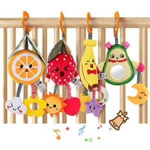 tumama baby toys for 3 6 9 12 months,hanging fruit rattles avocado,banana,orange and strawberry,stroller mobile toys,plush soft rattles for boys,girls christmas gifts,4 pack
