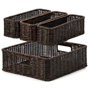 ezoware set of 4 decorative woven storage tray bins, resin wicker tray drawer organizer basket containers for baby nursery room - 2 sizes, dark brown