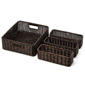 EZOWare Set of 4 Decorative Woven Storage Tray Bins, Resin Wicker Tray Drawer Organizer Basket Containers for Baby Nursery Room - 2 Sizes, Dark Brown