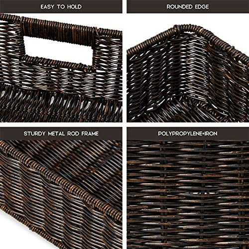 EZOWare Set of 4 Decorative Woven Storage Tray Bins, Resin Wicker Tray Drawer Organizer Basket Containers for Baby Nursery Room - 2 Sizes, Dark Brown